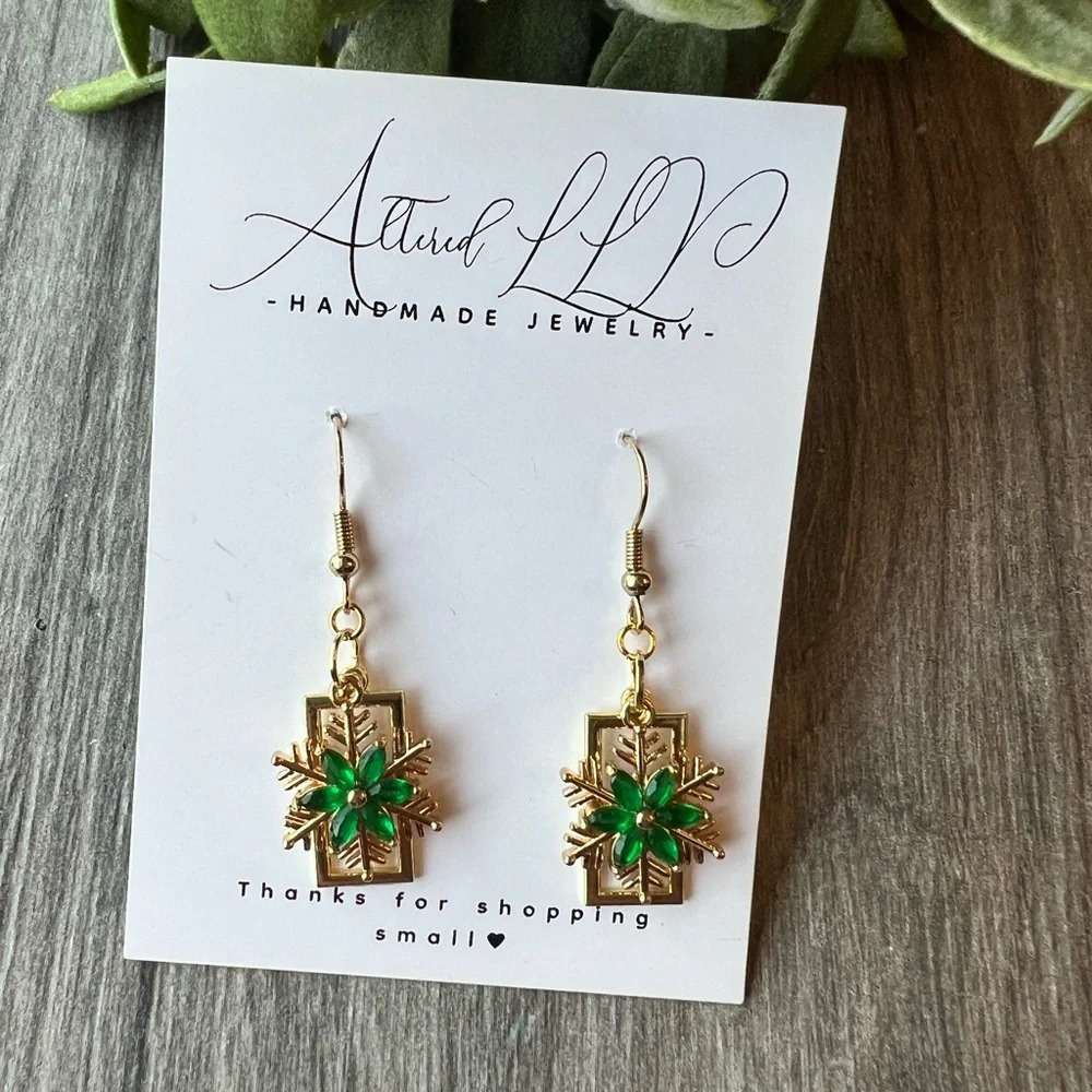 2/$30 Handmade Gold & Green Snowflake Earrings